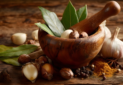 Mörser mit Knoblauch und Gewürzen