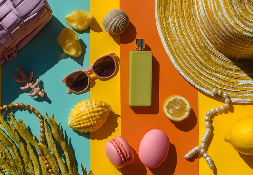 Sommeraccessoires auf buntem Hintergrund