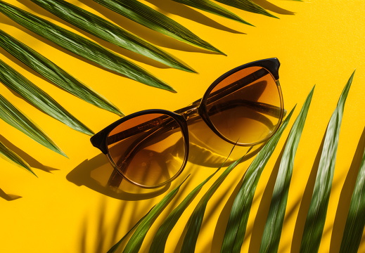 Sonnenbrille mit Palmenblättern auf gelbem Hintergrund