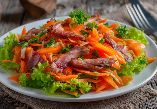 Karottensalat mit Räucherfleisch auf weißem Teller