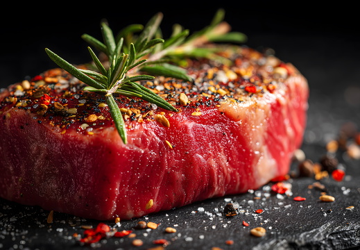 Rohes Steak mit Gewürzen auf schwarzem Schiefer und Rosmarin