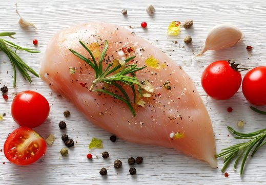 Hähnchenbrust roh mit Gewürzen und Tomaten auf weißem Hintergrund
