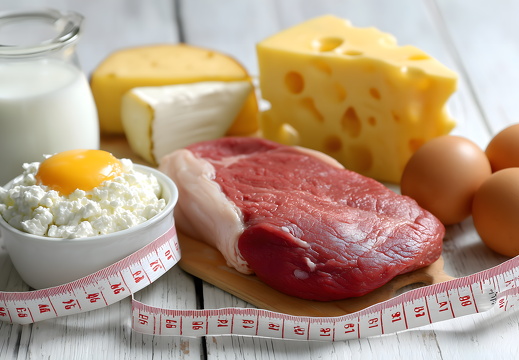Proteinreiche Lebensmittel mit Maßband und Hähnchen auf schwarzem Untergrund