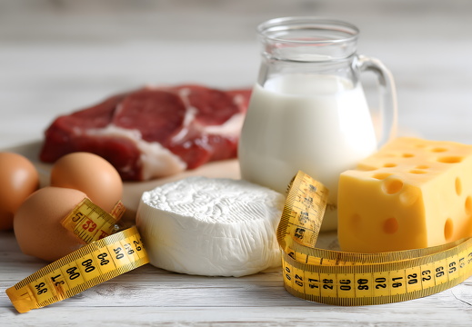 Proteinreiche Lebensmittel mit Maßband und Ei auf Holz