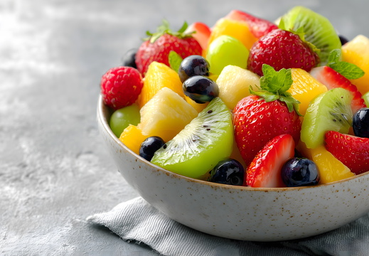 Obstsalat mit verschiedenen Früchten in weißer Schale