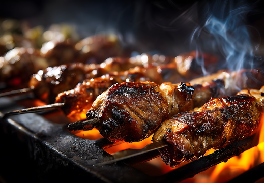 Gegrillte Fleischspieße mit Flammen auf Grillrost