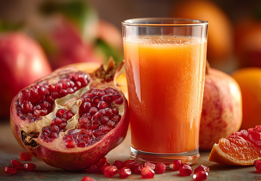 Granatapfel Orangensaft mit Früchten im Vordergrund
