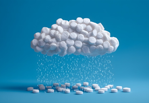 Wolke aus Wattepads mit herabfallenden Wattestäbchen auf blauem Hintergrund