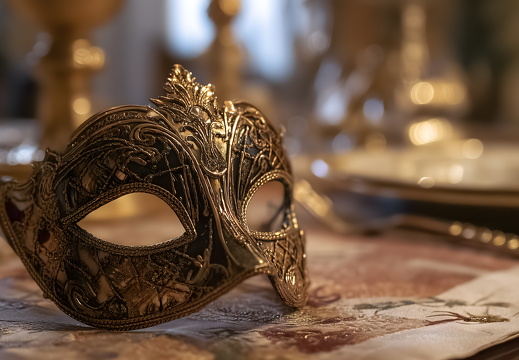 Venezianische Karnevalsmaske auf Tisch mit festlicher Dekoration