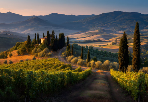 Toskanische Landschaft mit Weinbergen Zypressen und Hügeln