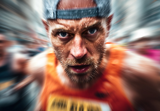 Sportler beim Marathonlauf durch städtische Umgebung in Bewegung