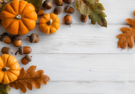 Herbstlicher Hintergrund mit Kürbis Eicheln und bunten Blättern