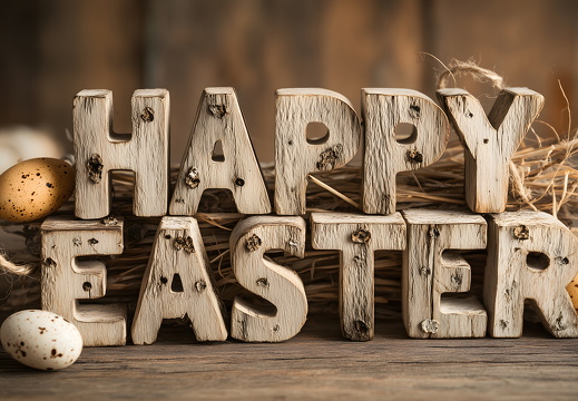 Happy Easter Holzschrift mit Wachteleiern und Stroh