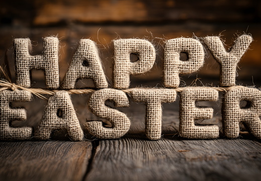 Happy Easter Text aus Jutebuchstaben auf Holzhintergrund