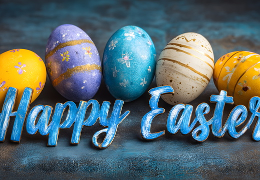 Happy Easter Schriftzug mit Eiern auf blauer Oberfläche