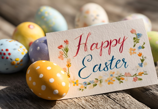 Happy Easter Karte mit bunten Ostereiern auf Holztisch