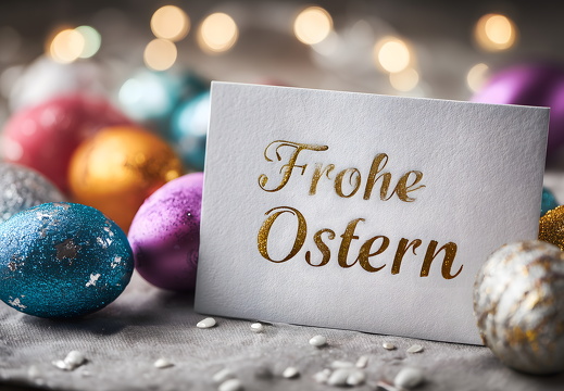 Frohe Ostern Karte mit glitzernden Ostereiern im Hintergrund