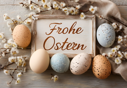 Frohe Ostern Karte mit bunten Eiern und Weidenkätzchen