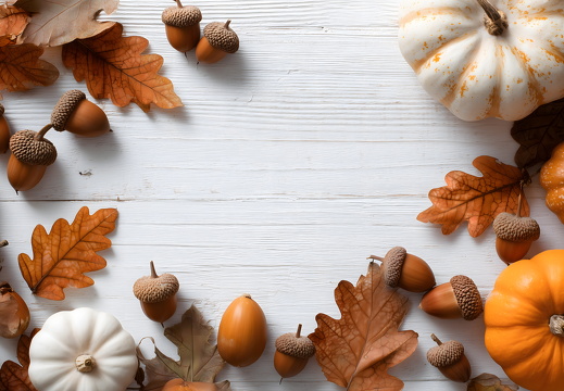 Herbstdekoration mit Eicheln Kürbissen und bunten Blättern