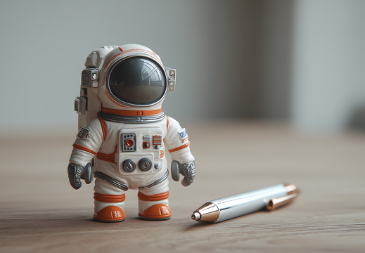 Astronautenfigur mit Kugelschreiber auf Holzschreibtisch