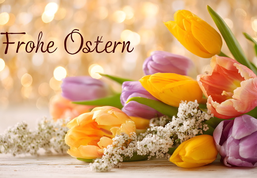 Frohe Ostern Karte mit Tulpen auf hellem Hintergrund