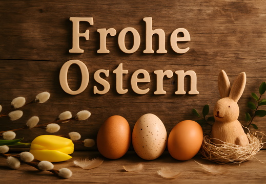 Frohe Ostern Deko mit Eiern Hase und Tulpe auf Holz