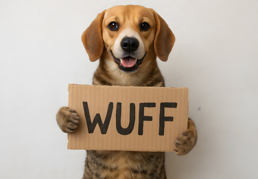 Hund mit Pappschild Wuff vor weißem Hintergrund
