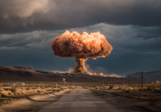 Atomexplosion mit Pilzwolke über Wüstenlandschaft