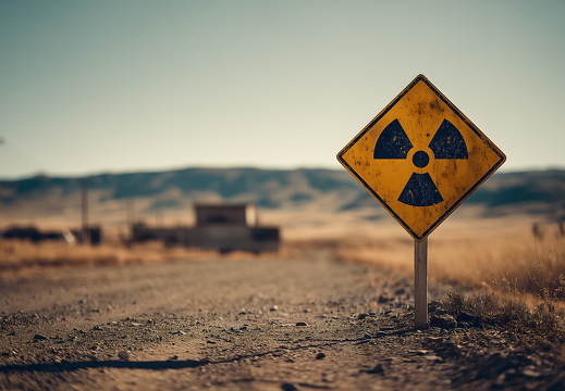 Warnschild vor Atombombe in toter Einöde