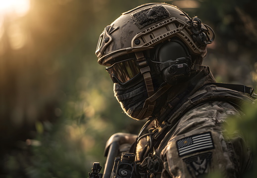 NATO Soldat mit Ausrüstung und Abzeichen auf Feldmission