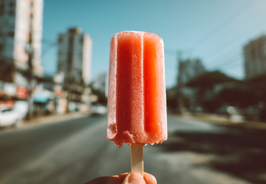 Schmelzendes Eis am Stiel in Hand vor urbanem Hintergrund