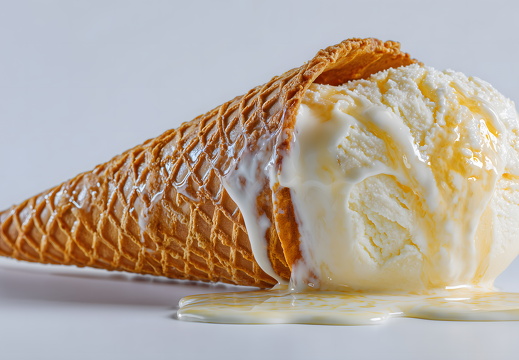 Schmelzende Vanille Eiskugel in Waffel isoliert auf Weiß