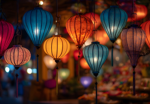 Bunte Lampions auf Nachtmarkt in Hoi An bei Dämmerung