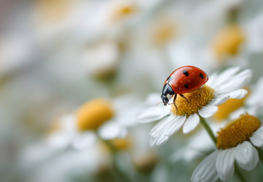 Marienkäfer auf Kamillenblüte im Frühling aus nächster Nähe