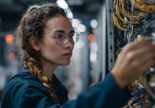 IT Technikerin im Rechenzentrum prüft Netzwerkverbindungen