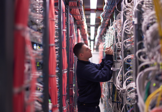 IT Techniker im Rechenzentrum bei Netzwerkarbeiten