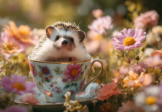 Igel in Teetasse im bunten Blumengarten