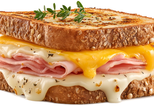 Sandwich mit Schinken und geschmolzenem Käse auf weißem Hintergrund