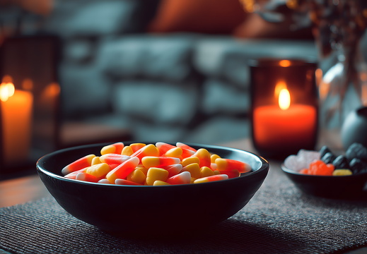 Halloween Süßigkeitenschüssel auf Esstisch im Haus