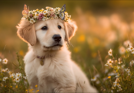 Golden Retriever Welpe mit Blumenkranz im Garten