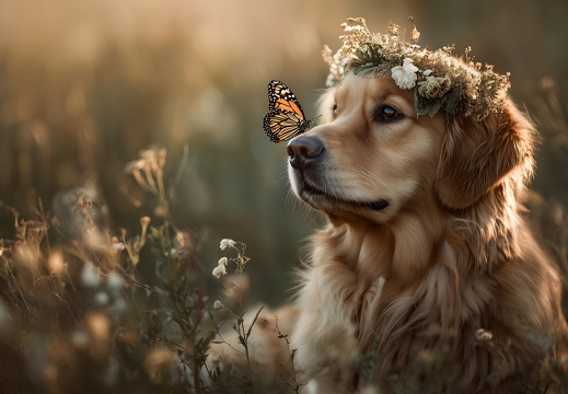 Golden Retriever Welpe mit Blumenkranz auf Wiese