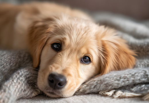 Golden Retriever Welpe liegt entspannt auf Decke