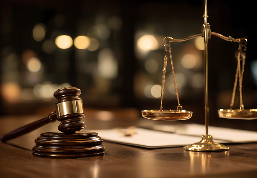 Richterhammer und Justitia-Waage auf Schreibtisch