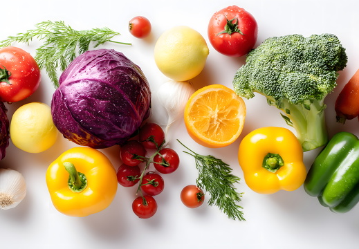 Buntes Gemüse und Obst auf weißem Hintergrund arrangiert