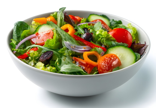 Frischer Salat mit Gurke und Oliven auf weißem Hintergrund