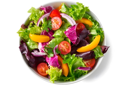 Bunter Salat mit Paprika und Tomaten auf weißem Hintergrund