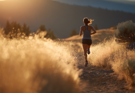 Frau beim Joggen auf Naturpfad bei Sonnenuntergang