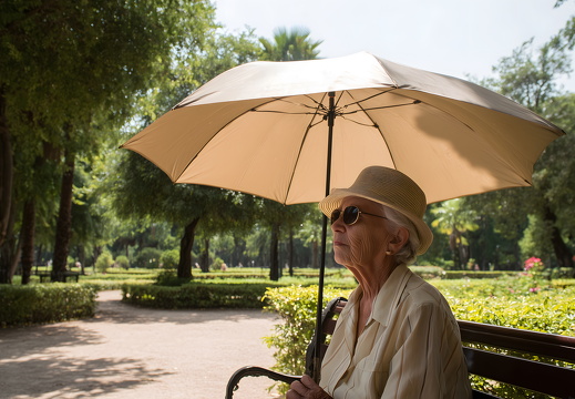 Ältere Frau mit Sonnenhut unter Sonnenschirm im Park