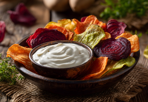 Gemüsechips mit Dip auf Holztisch