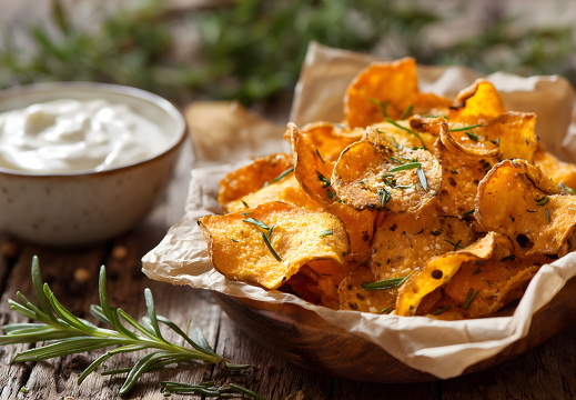 Knusprige Gemüsechips mit Sauerrahm Dip auf dunklem Teller
